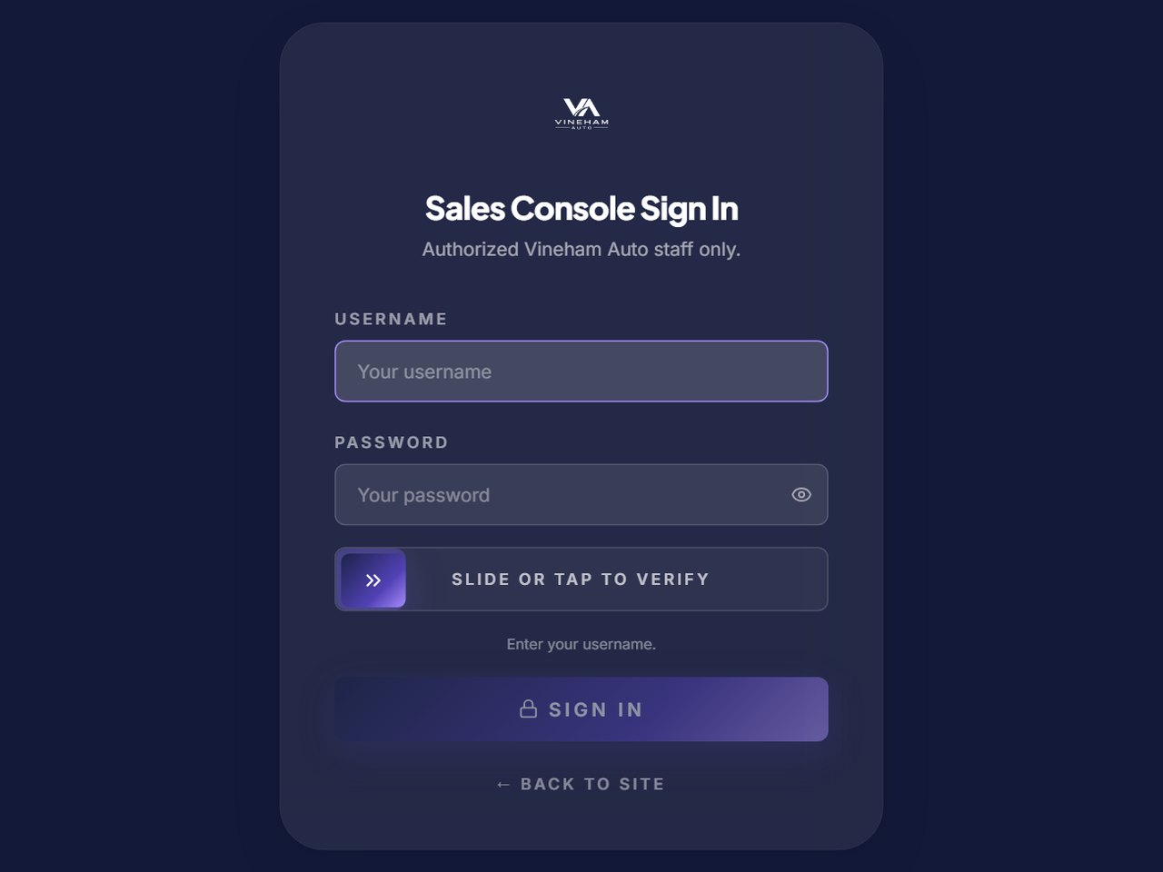 Vineham Auto sales console login